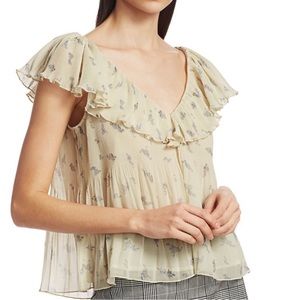 Ganni Floral Pleated Georgette Top Egret Ivory Grey Cream size EU 36 US 4 S-M